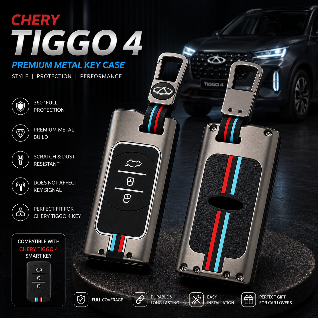 Chery Tiggo 4, Tiggo 4 Key Cover, Chery Tiggo 4 Key Case, Chery Key Cover, Chery Smart Key Cover, Metal Key Cover, Premium Key Case, 3 Button Key Cover, Smart Key Cover, Gunmetal Key Cover, Scratch Resistant Key Cover, Car Key Protection, Chery Accessories, Car Key Accessories, Key Cover Pakistan, Shark Auto