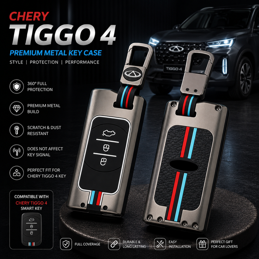 Chery Tiggo 4, Tiggo 4 Key Cover, Chery Tiggo 4 Key Case, Chery Key Cover, Chery Smart Key Cover, Metal Key Cover, Premium Key Case, 3 Button Key Cover, Smart Key Cover, Gunmetal Key Cover, Scratch Resistant Key Cover, Car Key Protection, Chery Accessories, Car Key Accessories, Key Cover Pakistan, Shark Auto