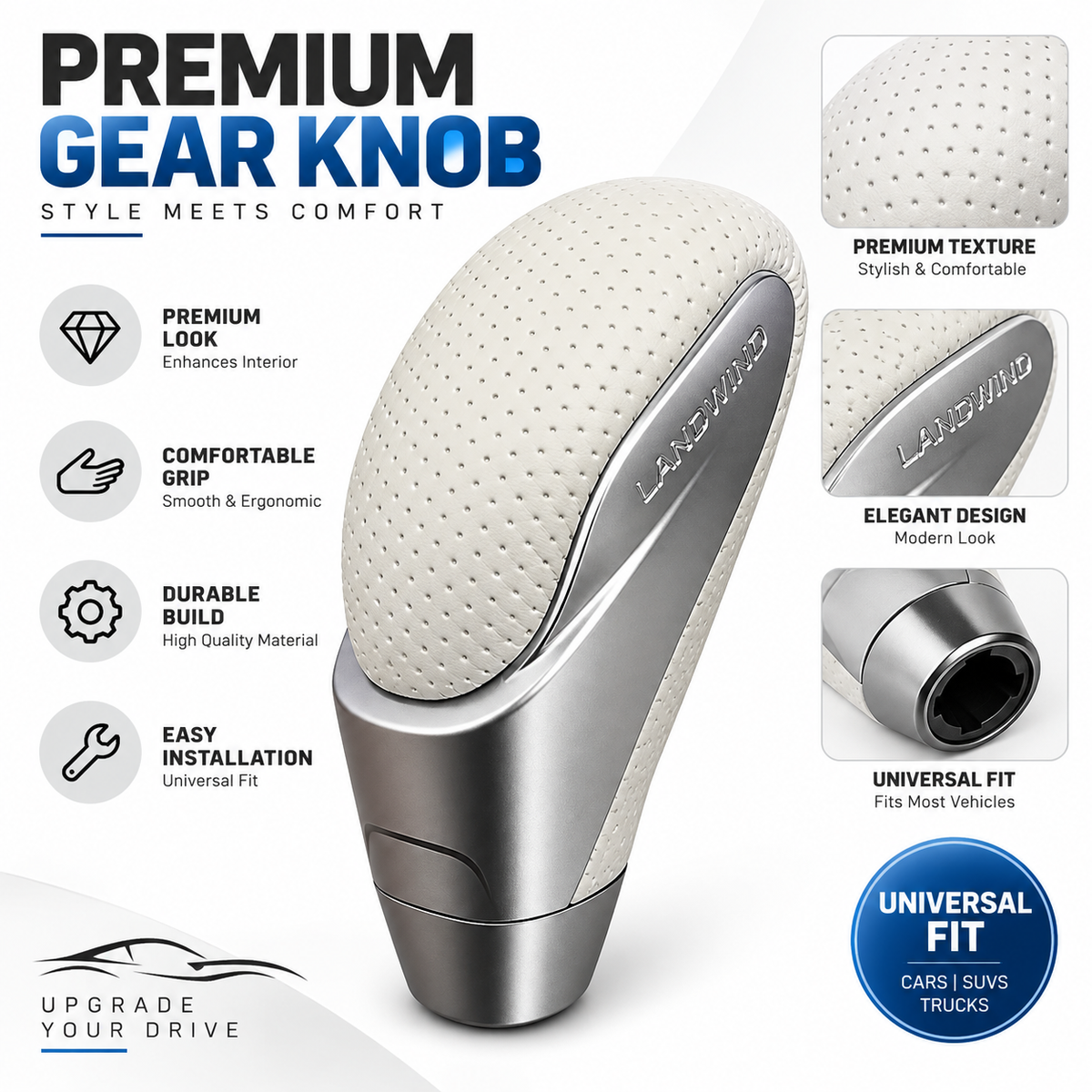 A premium gear knob upgrade kit for cars, SUVs, and trucks, featuring a textured off-white leather top and a brushed silver metal base. The image includes feature callouts and detail insets on a clean white background.