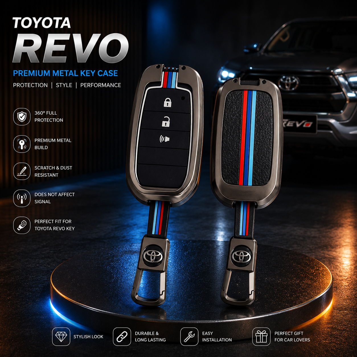 Toyota Revo, Toyota Hilux Revo, Revo Key Cover, Toyota Key Cover, Metal Key Cover, 3 Button Key Cover, Smart Key Case, Gunmetal Key Cover, Toyota Accessories, Hilux Accessories, Car Accessories Pakistan