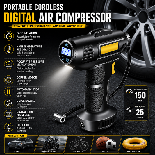 Portable Cordless Digital Air Compressor – Rechargeable Tire Inflator with Smart LCD Display