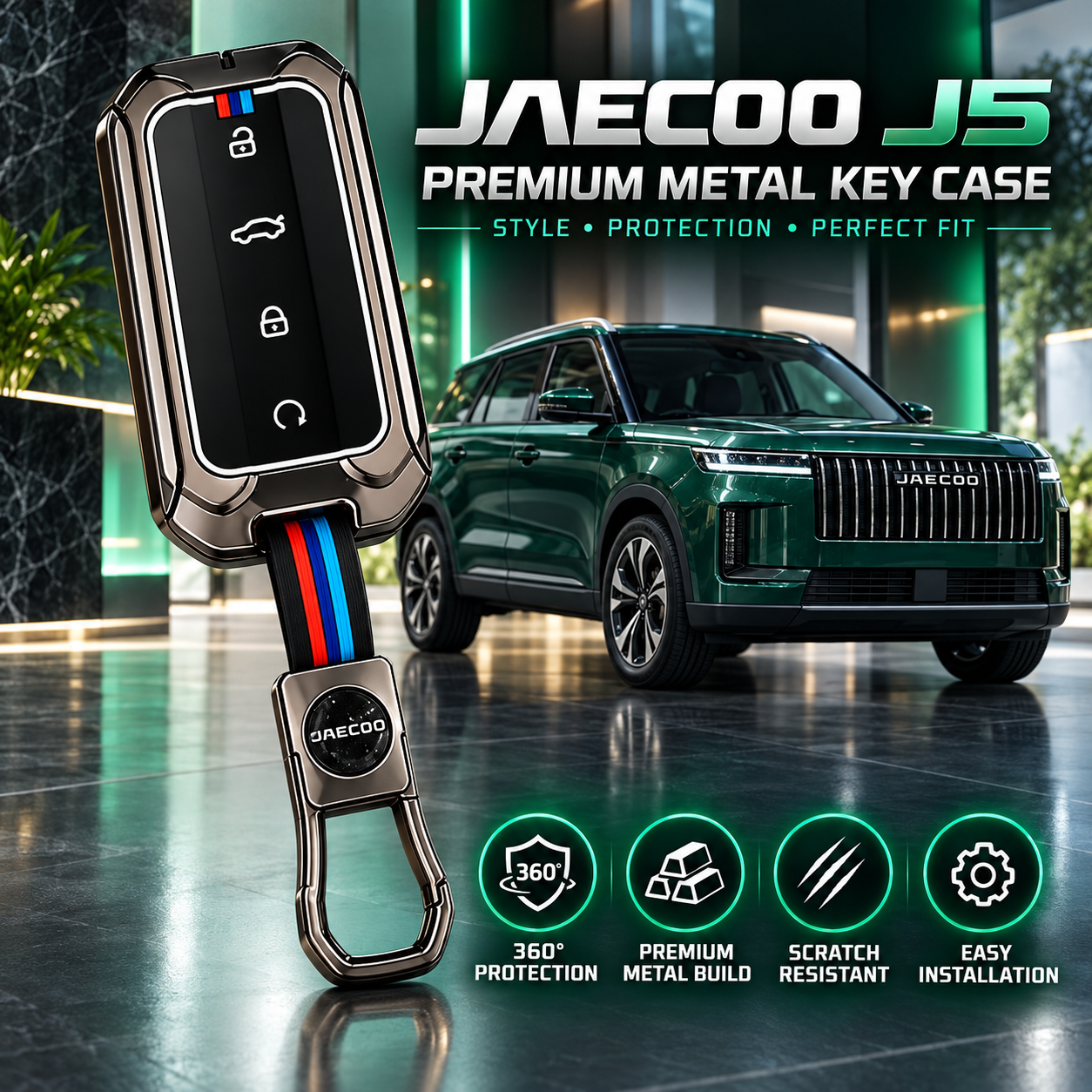 Jaecoo J5, Jaecoo J5 Key Cover, Jaecoo J5 Key Case, Jaecoo Accessories, Metal Key Cover, Zinc Alloy Key Cover, Smart Key Cover, 4 Button Key Cover, Car Key Case, Gunmetal Key Cover, Premium Keychain, Car Accessories, Key Protector, Jaecoo Keychain
