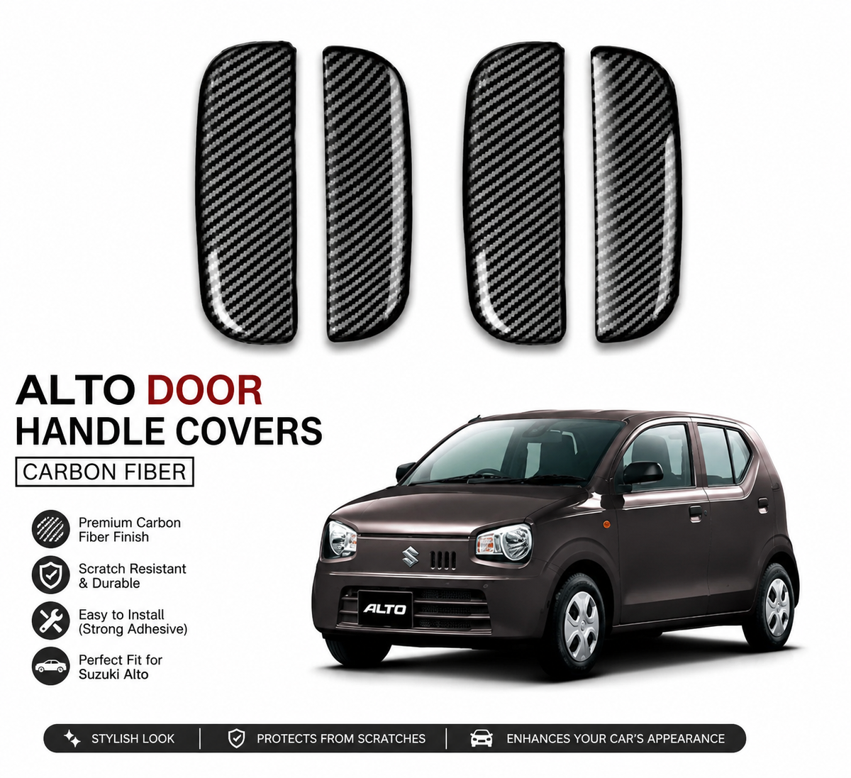 Suzuki Alto Carbon Fiber Door Handle Cover Protector – Premium Exterior Styling Trim (4 Pcs)