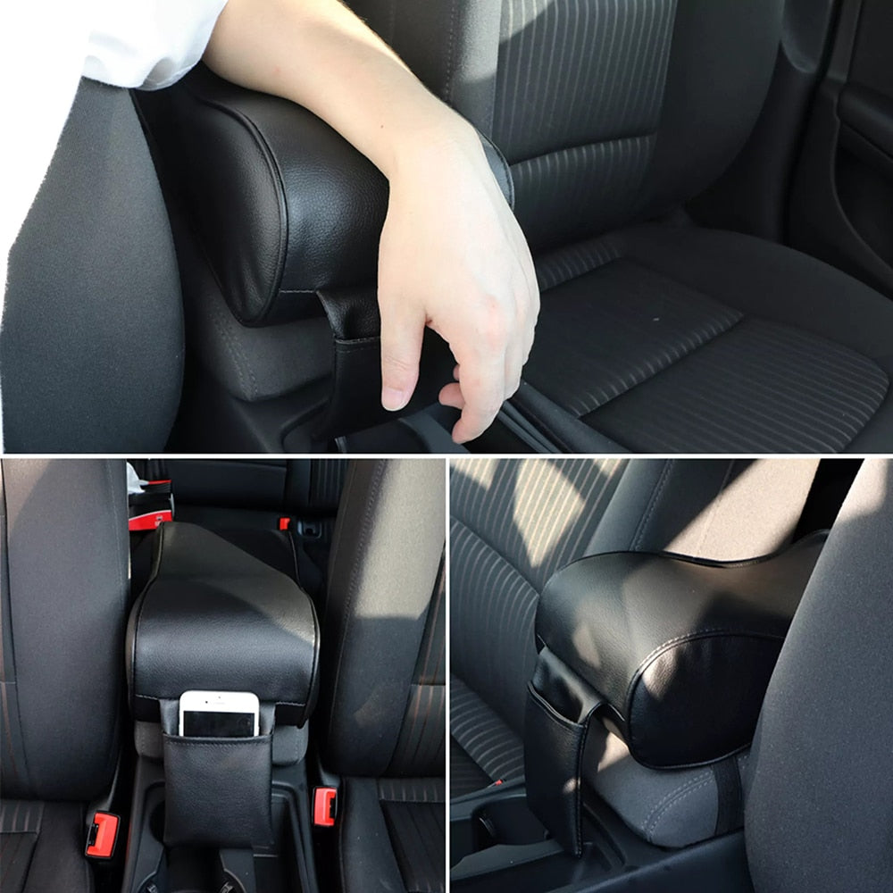 Leather car armrest pad with storage pocket installed