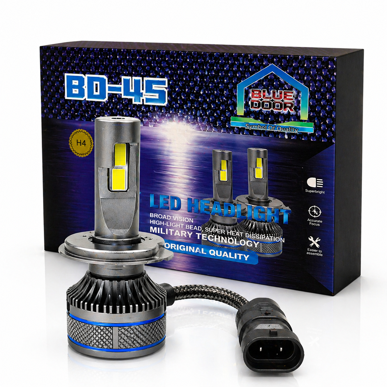 BD-45 LED headlight with packaging box automotive lighting kit clean studio image