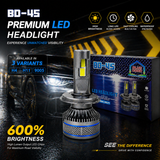 BD-45 LED headlight bulb pair on white background high brightness car lighting kit