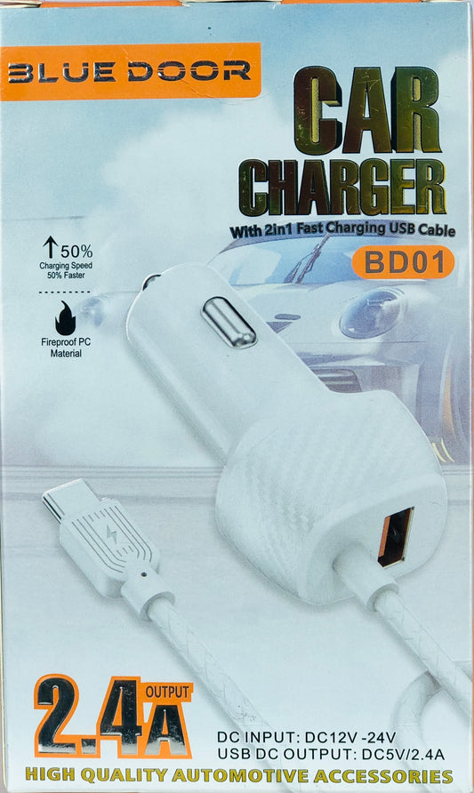 Dual USB Car Mobile Charger – Front View with Cable Ports