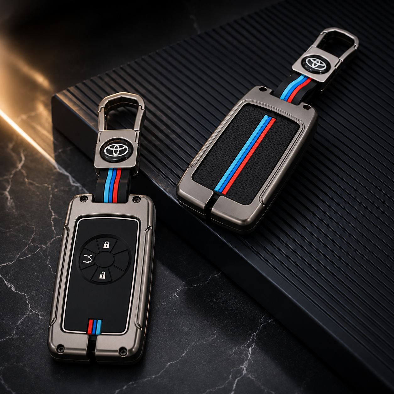 Luxury Toyota Premio metal key case with sporty stripe design
