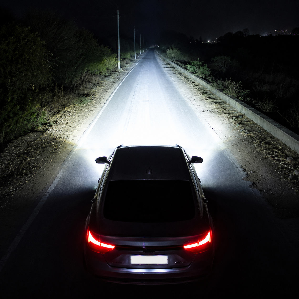 BUGATTI B85 PRO LED headlights powerful night driving beam illuminating road from rear top car view