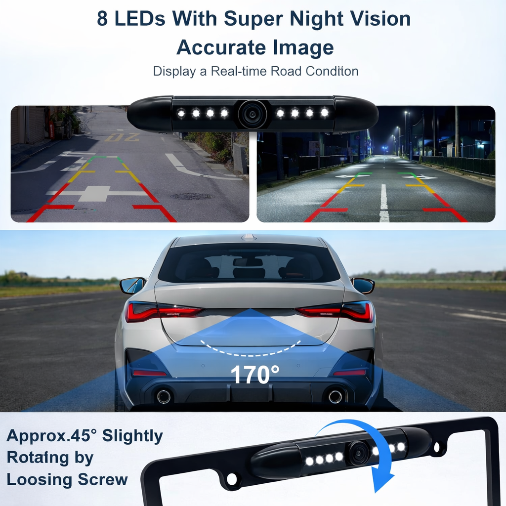 License Plate Frame Waterproof Backup Camera – 170° Ultra HD Rear View Camera with 8 LED Night Vision