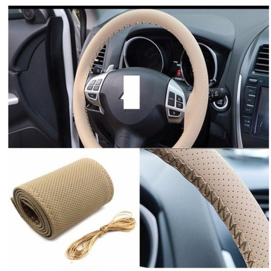 Beige Leather Car Steering Wheel Cover Front View – Shark Auto