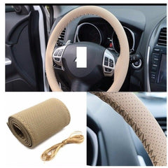 Beige Leather Car Steering Wheel Cover Front View – Shark Auto
