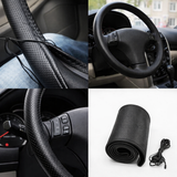 Genuine Black PU Leather Car Steering Wheel Cover – Breathable, Hand-Stitched Design