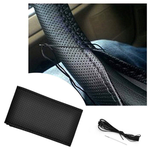 Genuine Black PU Leather Car Steering Wheel Cover – Breathable, Hand-Stitched Design