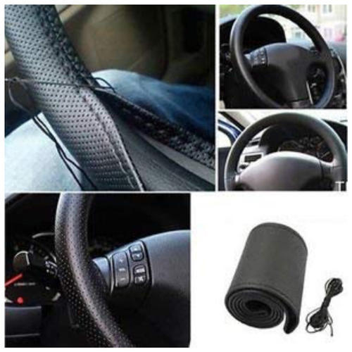 Genuine Grey PU Leather Car Steering Wheel Cover – Breathable, Hand-Stitched Design