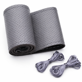 Genuine Grey PU Leather Car Steering Wheel Cover – Breathable, Hand-Stitched Design