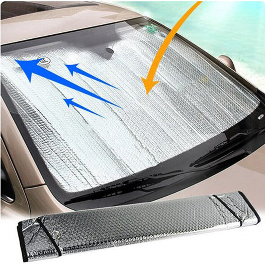 Silver front windshield sun shade installed on car – Shark Auto