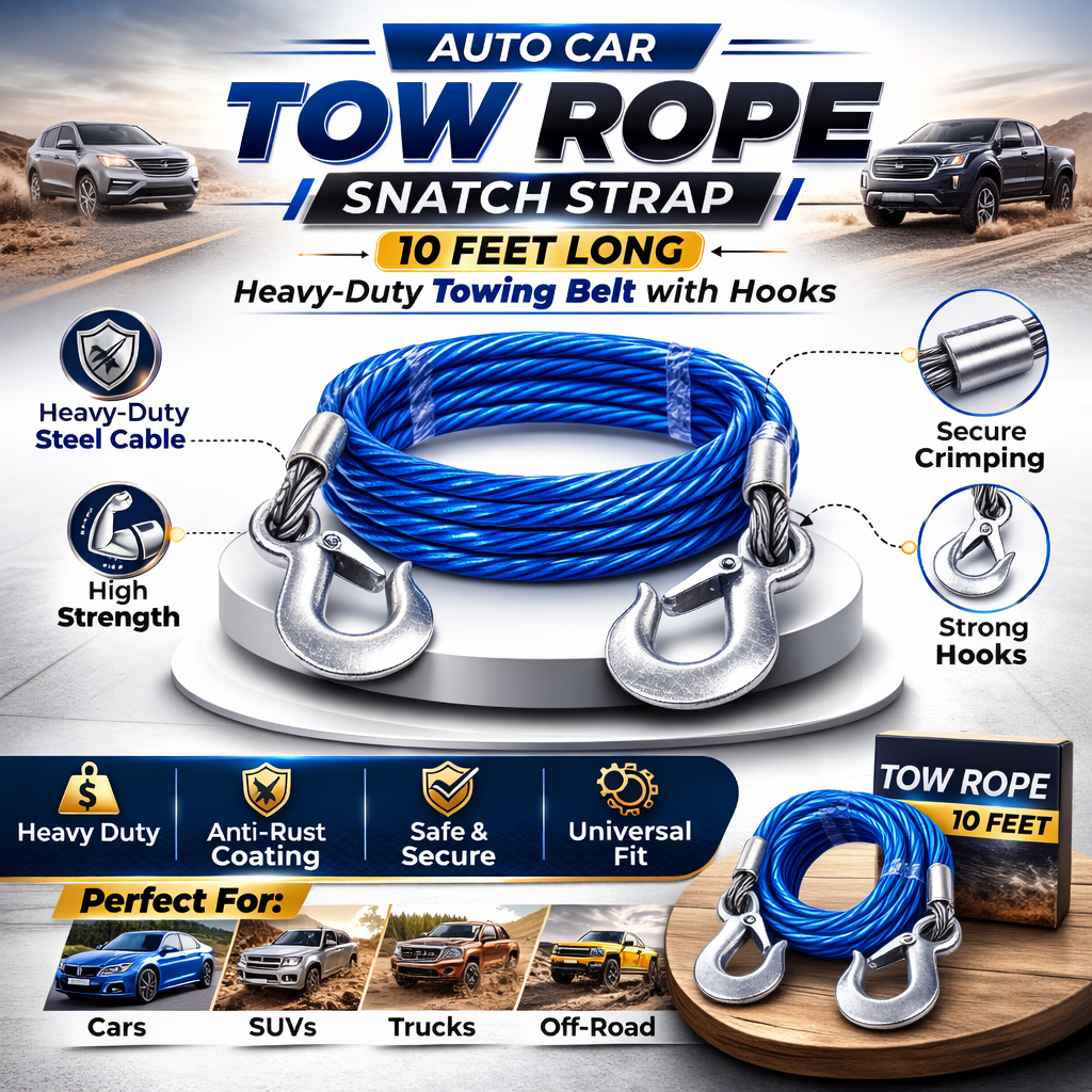 Auto Car Tow Rope Snatch Strap – 10 Feet Long – Heavy-Duty Blue Towing Belt with Hooks