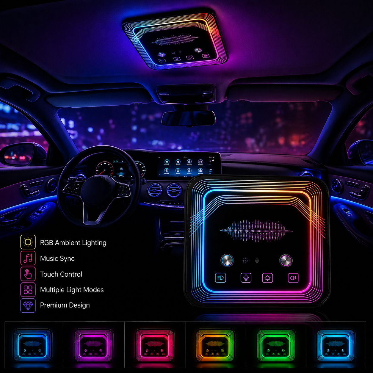Car interior with RGB ambient lighting control panel and color options displayed.
