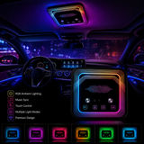Car interior with RGB ambient lighting control panel and color options displayed.