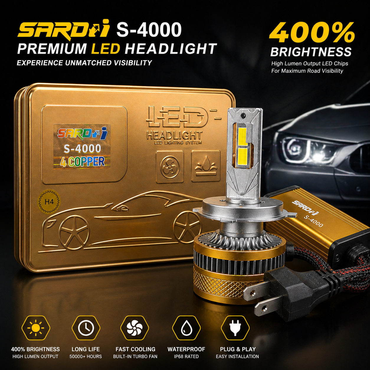 SARDI S-4000 LED Headlight Bulbs Pair – High Brightness Car Lights