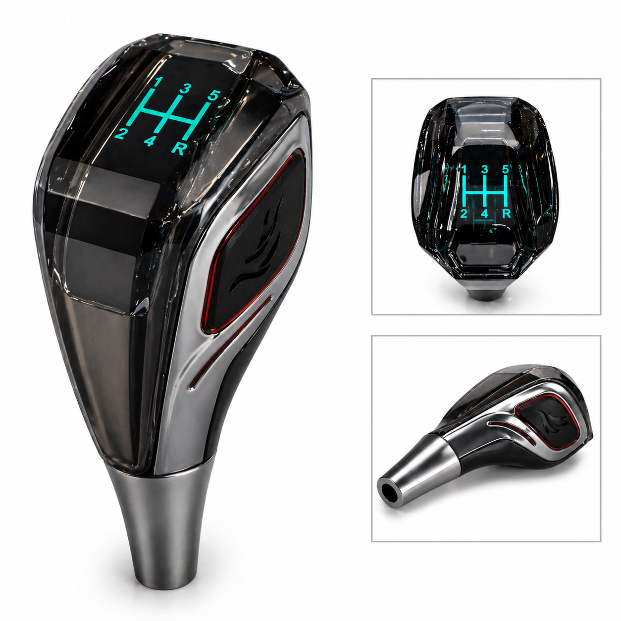 LED gear knob close-up showing illuminated 5 speed pattern and crystal design