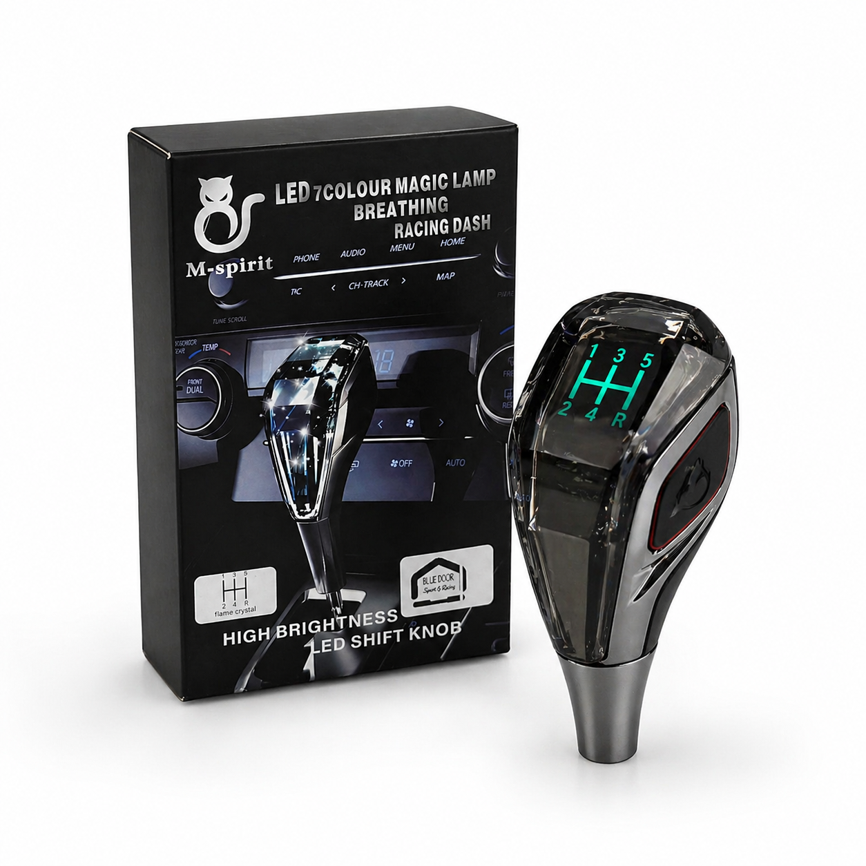 M-Spirit gear shift knob installed in car interior with glowing LED display