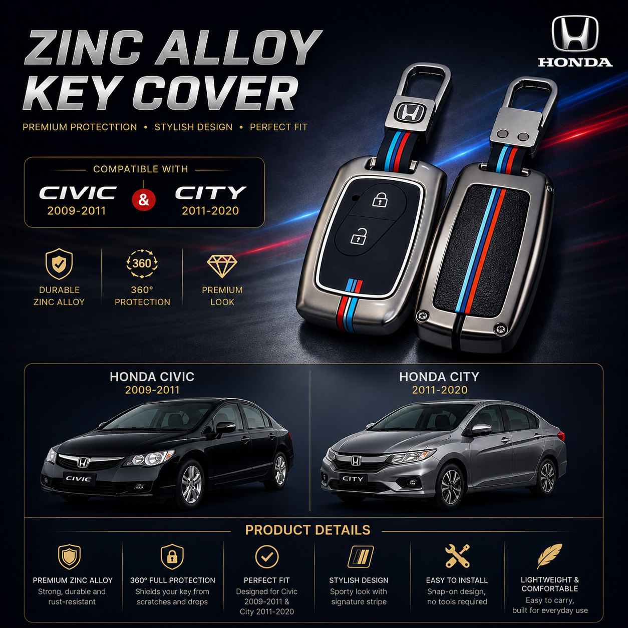 Honda Civic and City zinc alloy premium key cover front view
