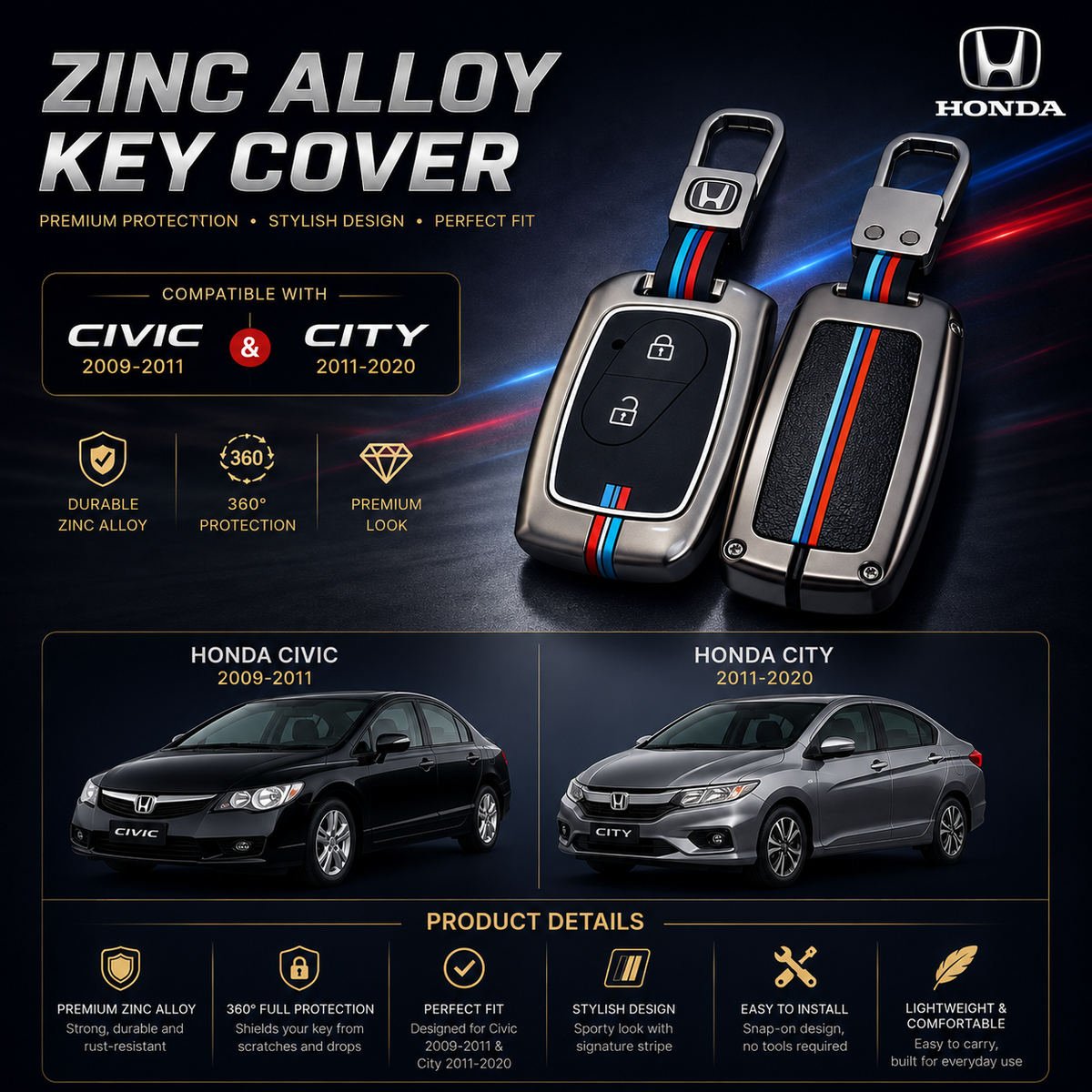 Honda Civic and City zinc alloy premium key cover front view