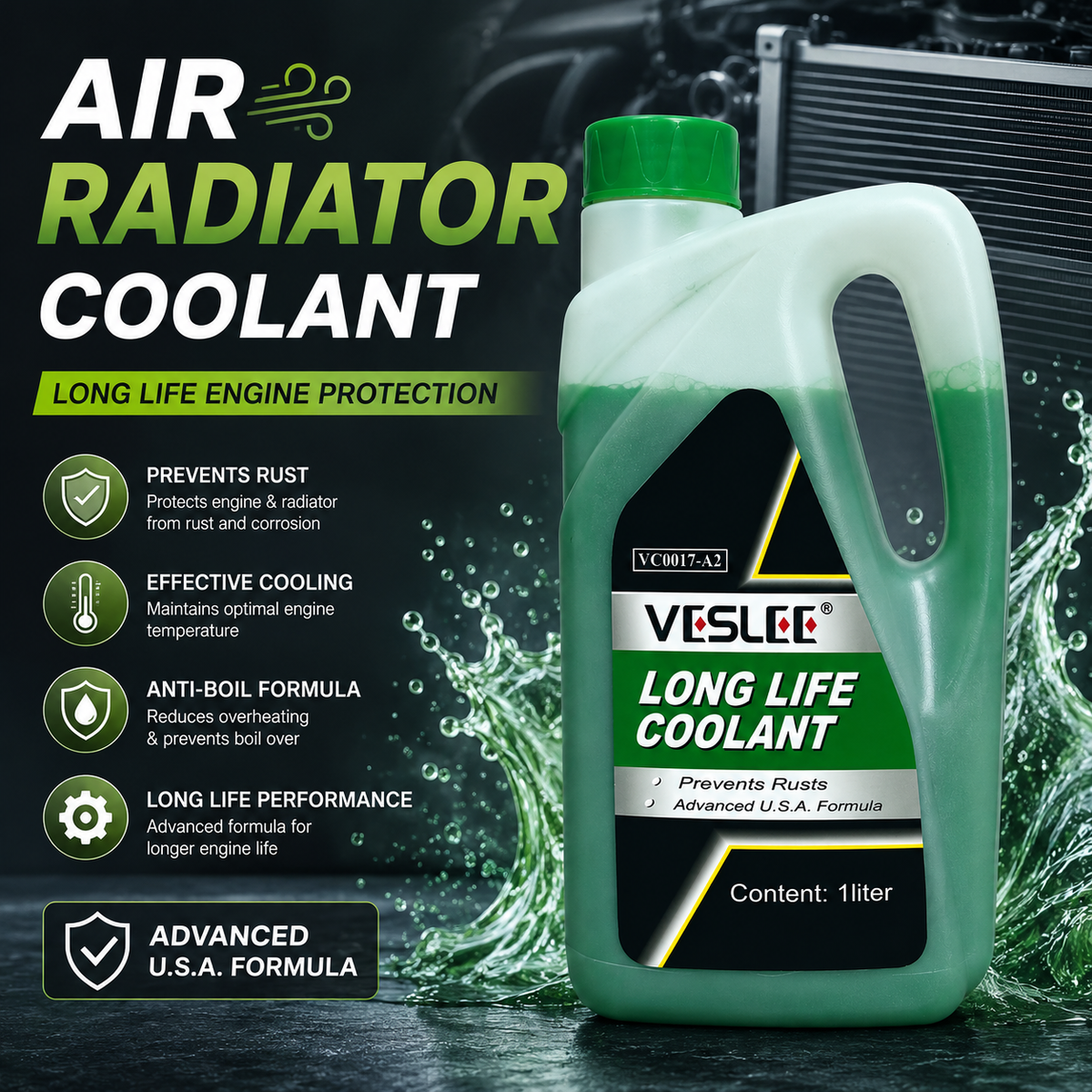 VESLEE long life radiator coolant bottle being poured into a car engine radiator