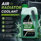 VESLEE long life radiator coolant bottle being poured into a car engine radiator