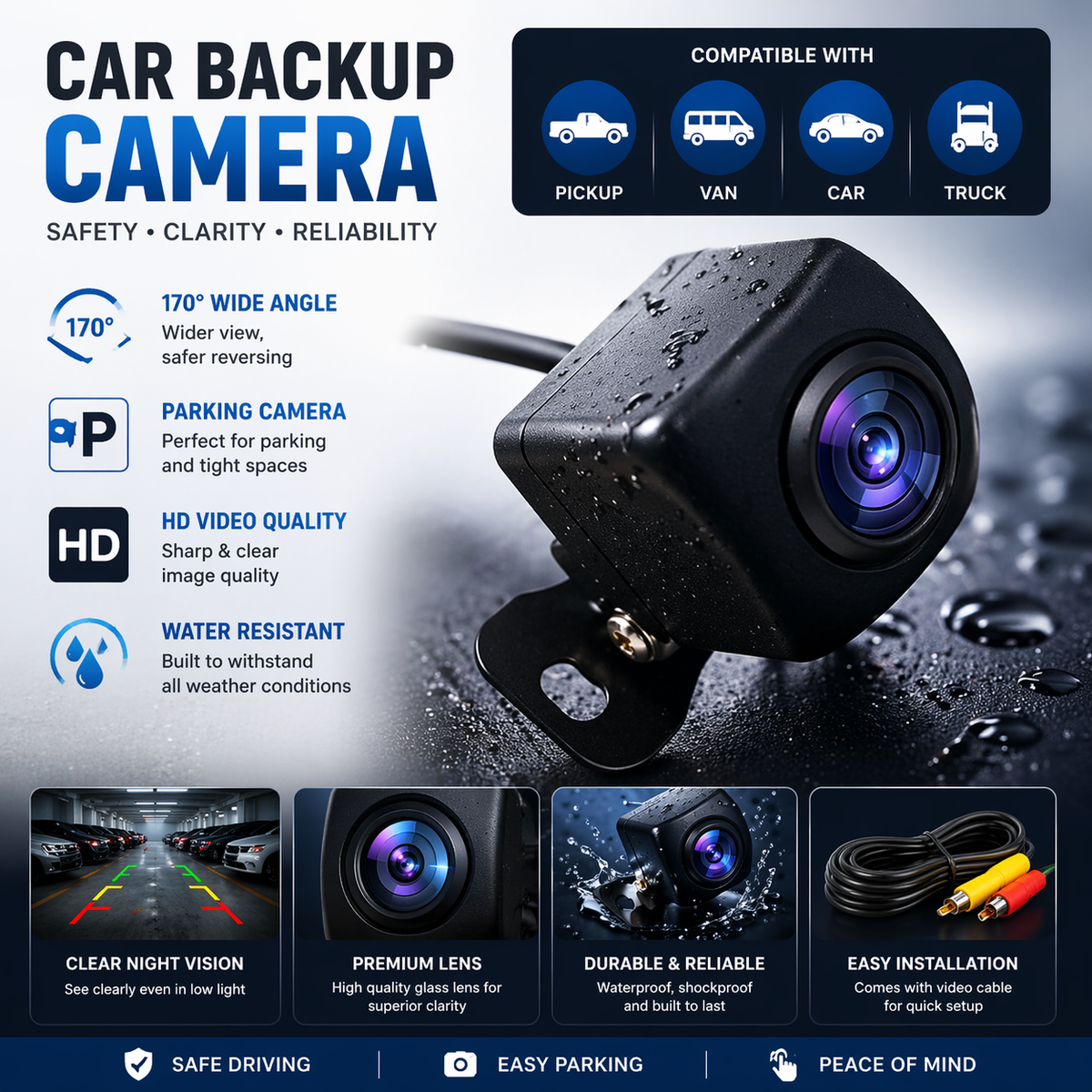DELTA Full HD Car Rear View Camera | 180° Wide Angle | Night Vision | Waterproof Backup Camera