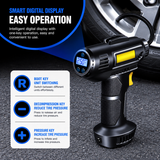 Compact cordless car air compressor with LED light and fast inflation technology