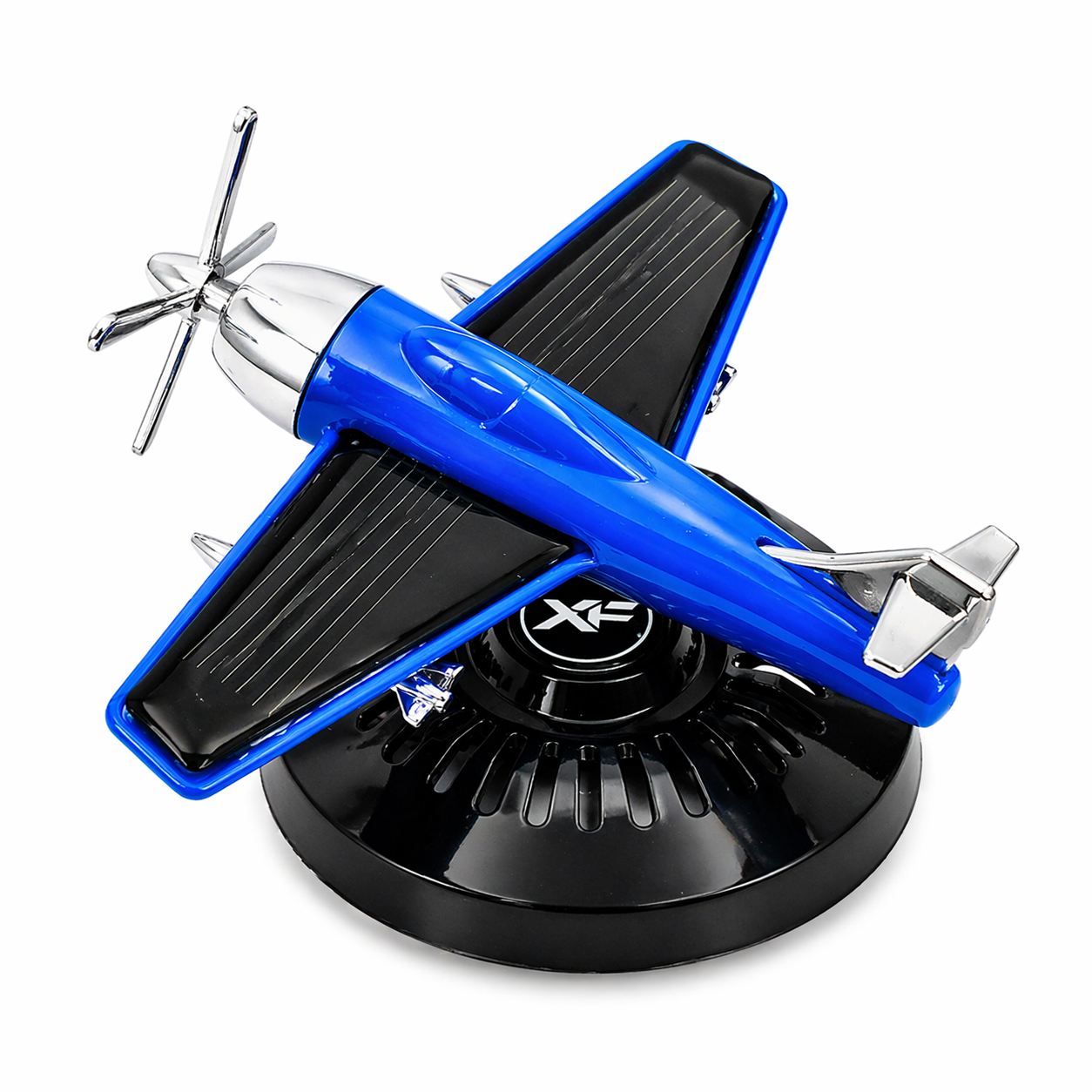 Blue airplane dashboard perfume diffuser with solar powered propeller and stylish car fragrance design