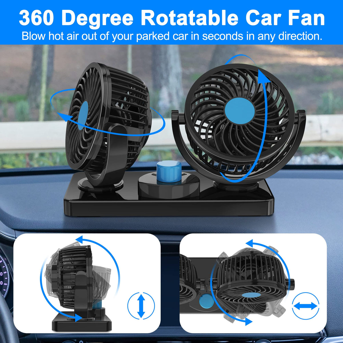 12V Car Fan 360 Degree Rotation Adjustable Dual Head Car Auto Cooling Air Fan