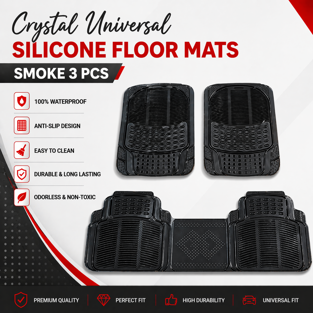 Crystal Universal Silicone Car Floor Mats Smoke Black 3 Pcs Set on white background with waterproof anti-slip design