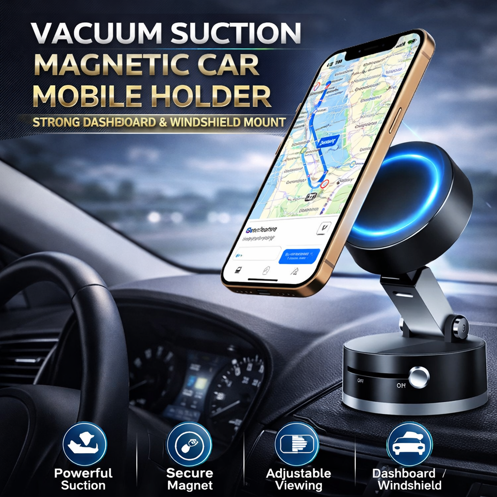 Vacuum Suction Magnetic Car Mobile Holder – Strong Dashboard & Windshield Mount
