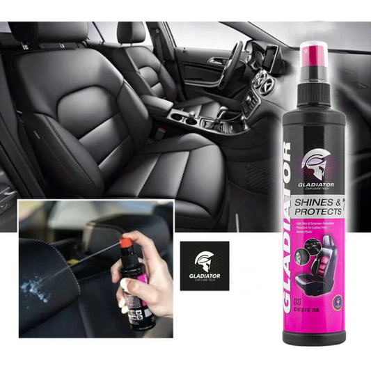 Car interior cleaning spray with UV and dust protection