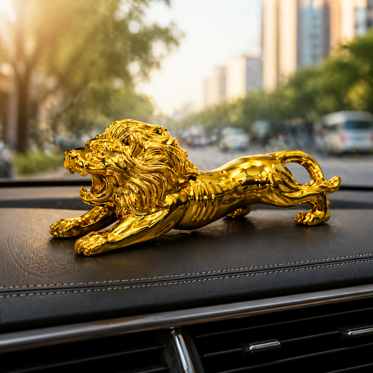 Gold lion figurine on a car dashboard with a cityscape in the background