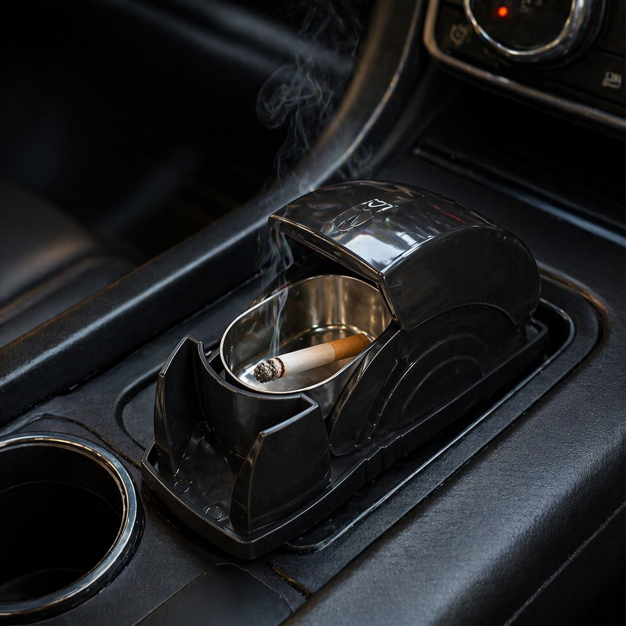 Car ashtray with a lit cigarette inside on a car dashboard
