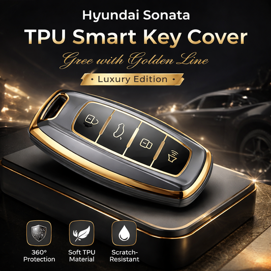 Hyundai Sonata TPU Smart Key Cover – Grey with Golden Line (Luxury Edition)