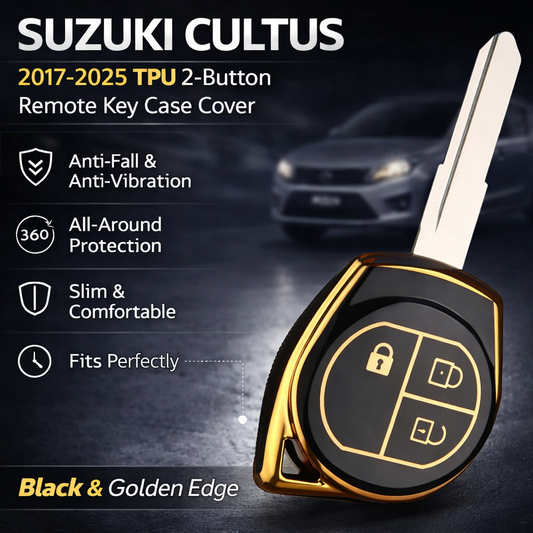 Suzuki Cultus 2017-2025 TPU 2-Button Remote Key Case Cover – Black & Golden Edge