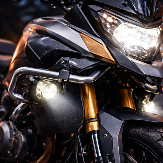 Close-up of LED projector lens fog light durable metal housing