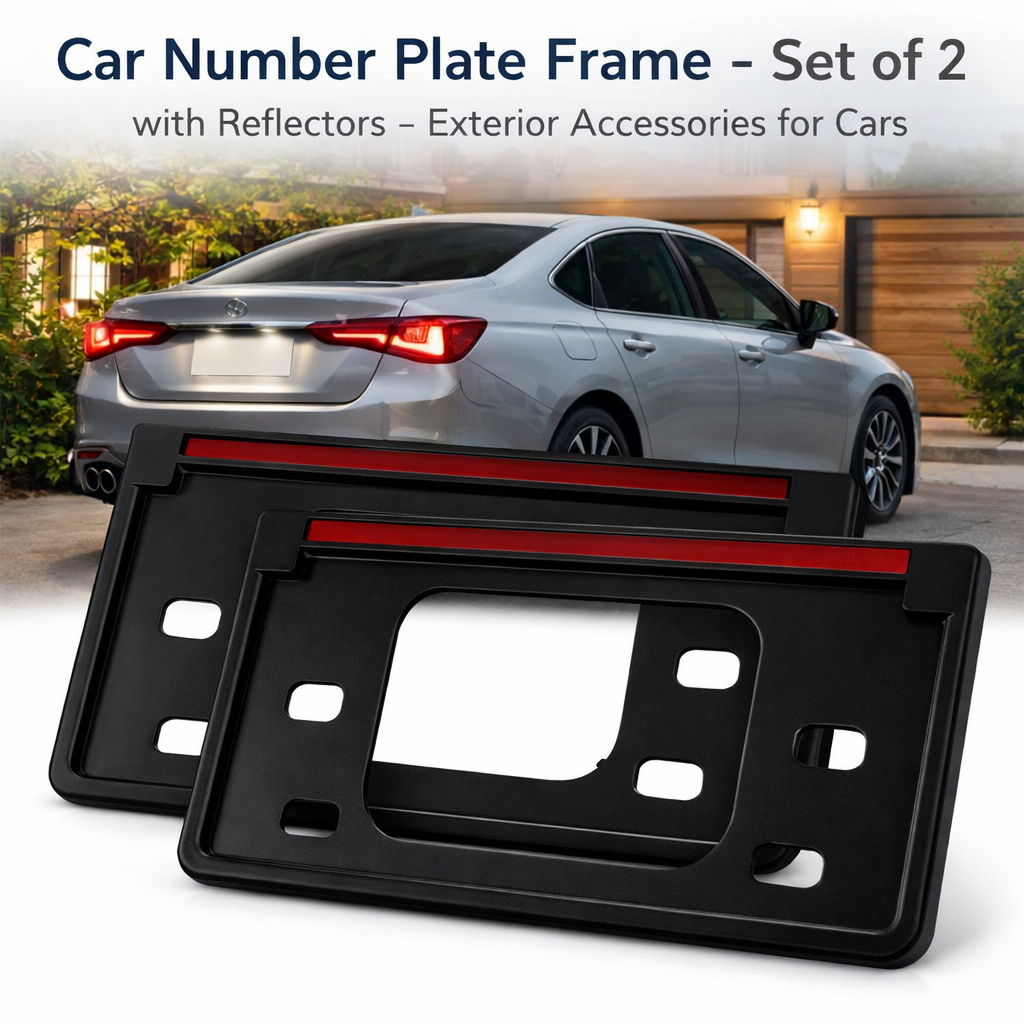 Black Car Number Plate Frame – Set of 2 with Reflectors – Exterior Accessories for Cars