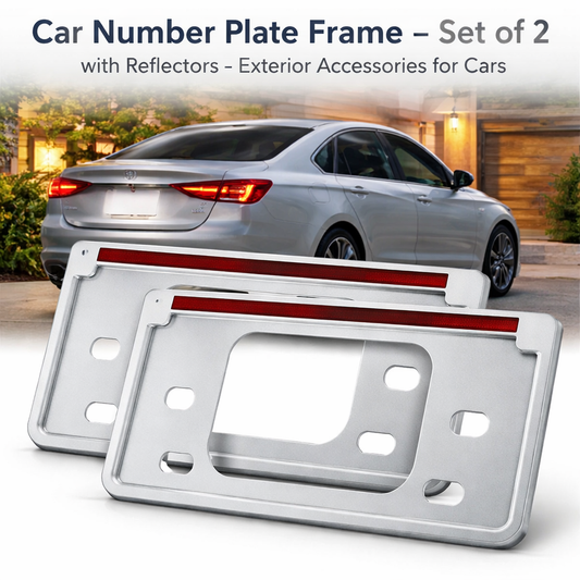 Silver Car Number Plate Frame – Set of 2 with Reflectors – Exterior Accessories for Cars