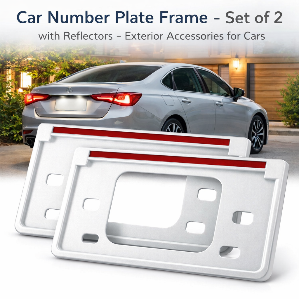 White Car Number Plate Frame – Set of 2 with Reflectors – Exterior Accessories for Cars