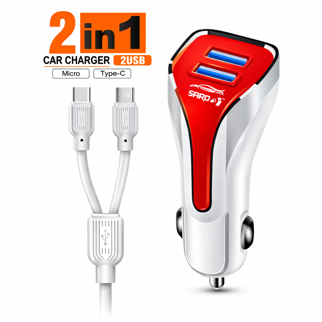 2-in-1 Car Mobile Charger – Dual USB 2.4A Fast Charging – Android & Type-C – 12V/24V