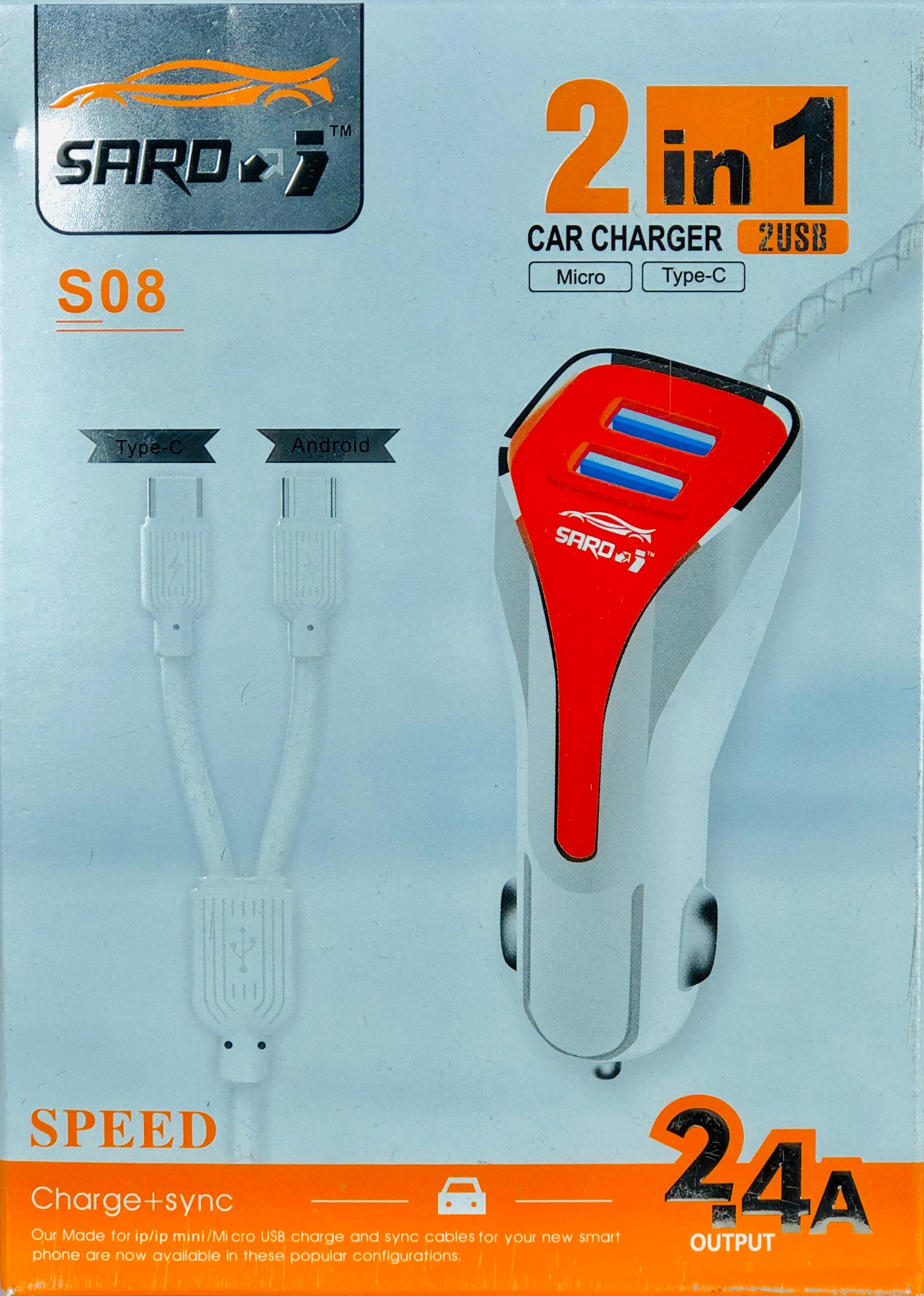 2-in-1 Dual USB Car Charger for Android and Type-C – Front View