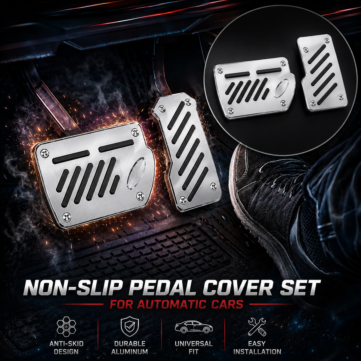 Premium Universal Aluminum Racing Style Non-Slip Pedal Cover Set for Automatic Cars