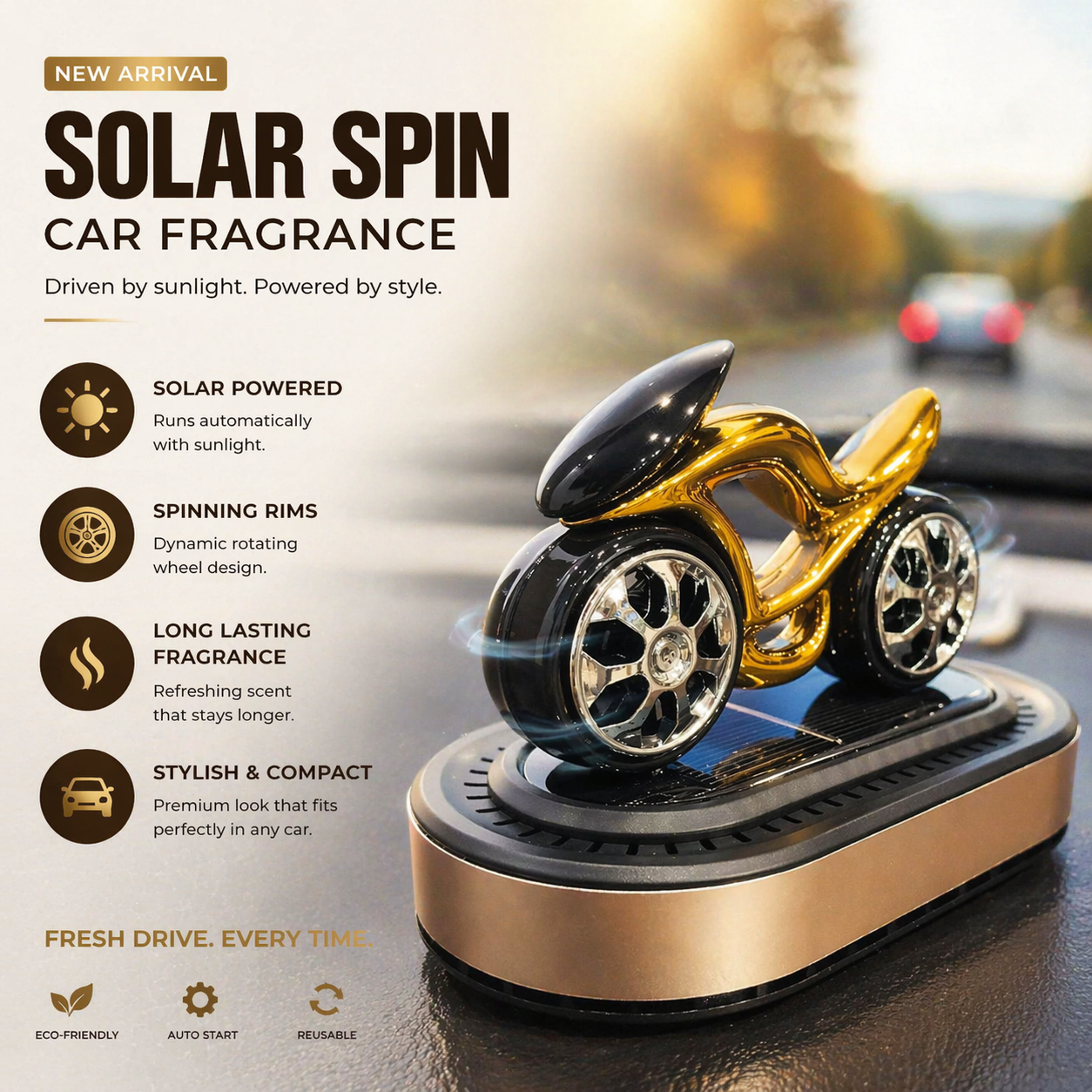 Luxury solar spin car air freshener with stylish rotating wheels and premium dashboard fragrance design